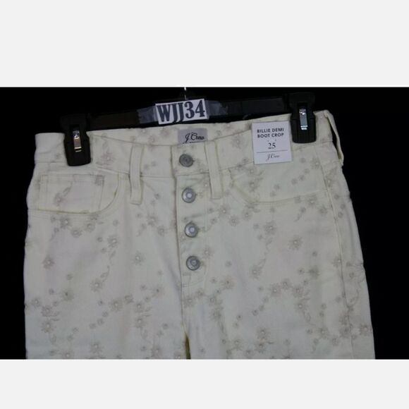 J.CREW BILLIE DEMI BOOT CROP 25 CREAM W/FLORAL EMBROIDERY BUTTON FLY RAW HEM NWT - Picture 3 of 10